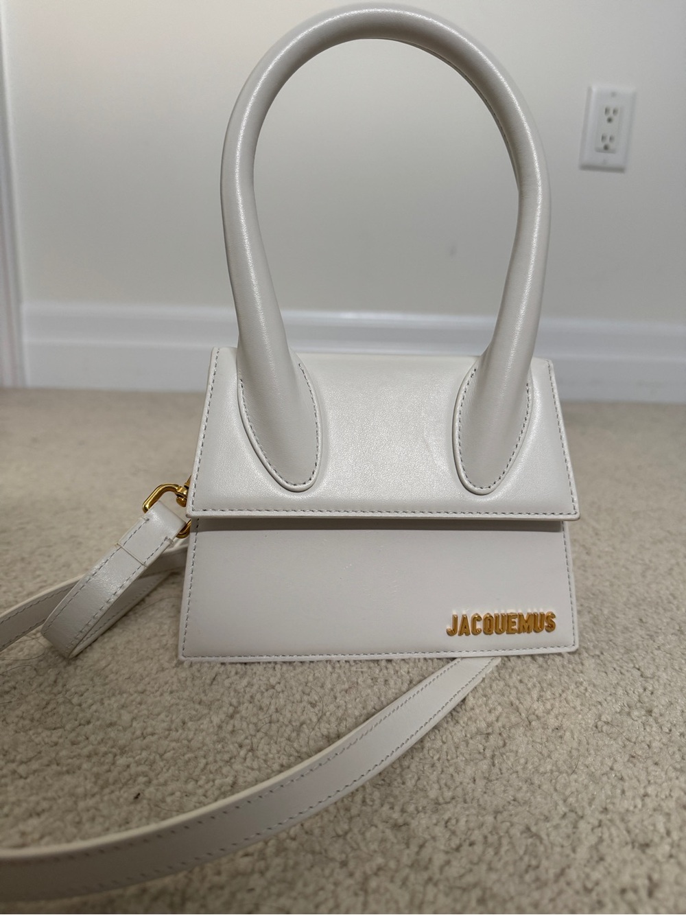 Jacquemus White Mini Top-Handle Leather Bag with Gold Logo